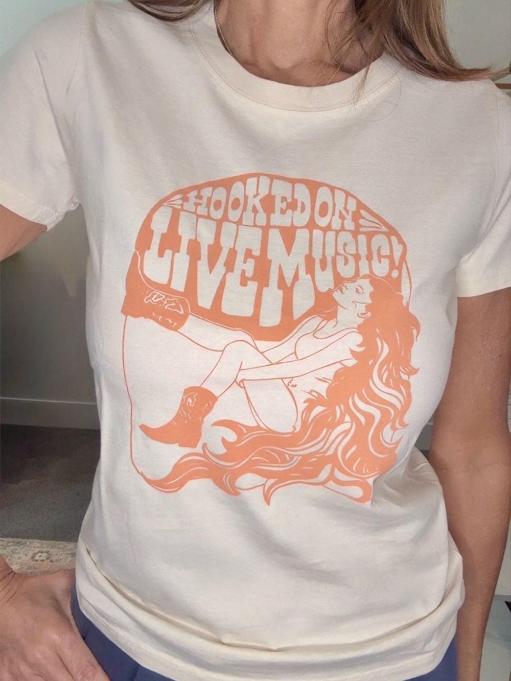 Hooked on Live Music Graphic Tee - Cream with Orange Print